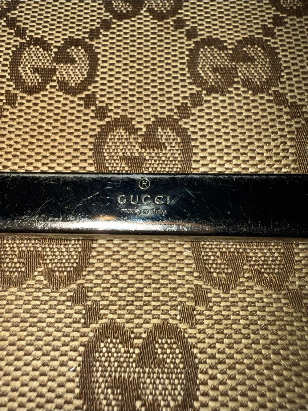 Gucci Beige GG Supreme Canvas Trifold Wallet with Silver Accents EUC
